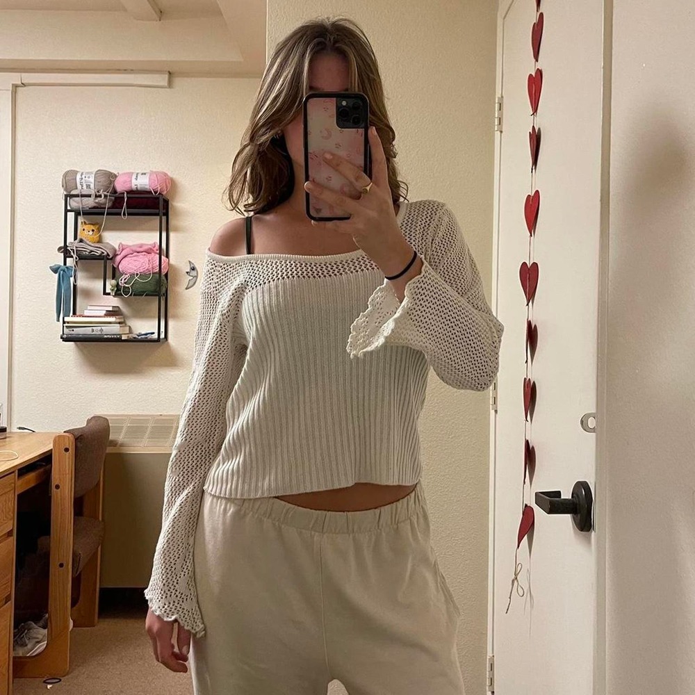 the vintage white knit pointelle floral detailed sweater